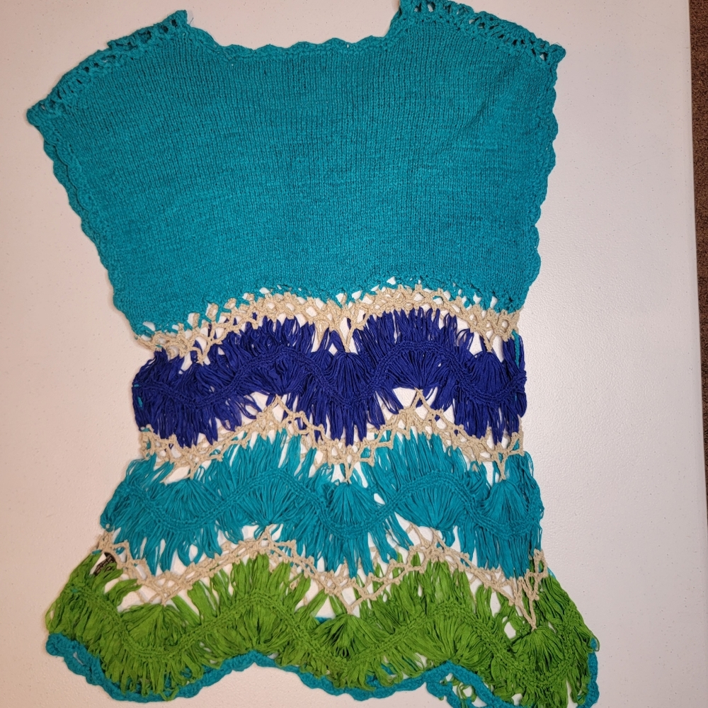 Fever hand crocheted cap sleeve top, size Large, turq, blue, green, & cream - Picture 2 of 6